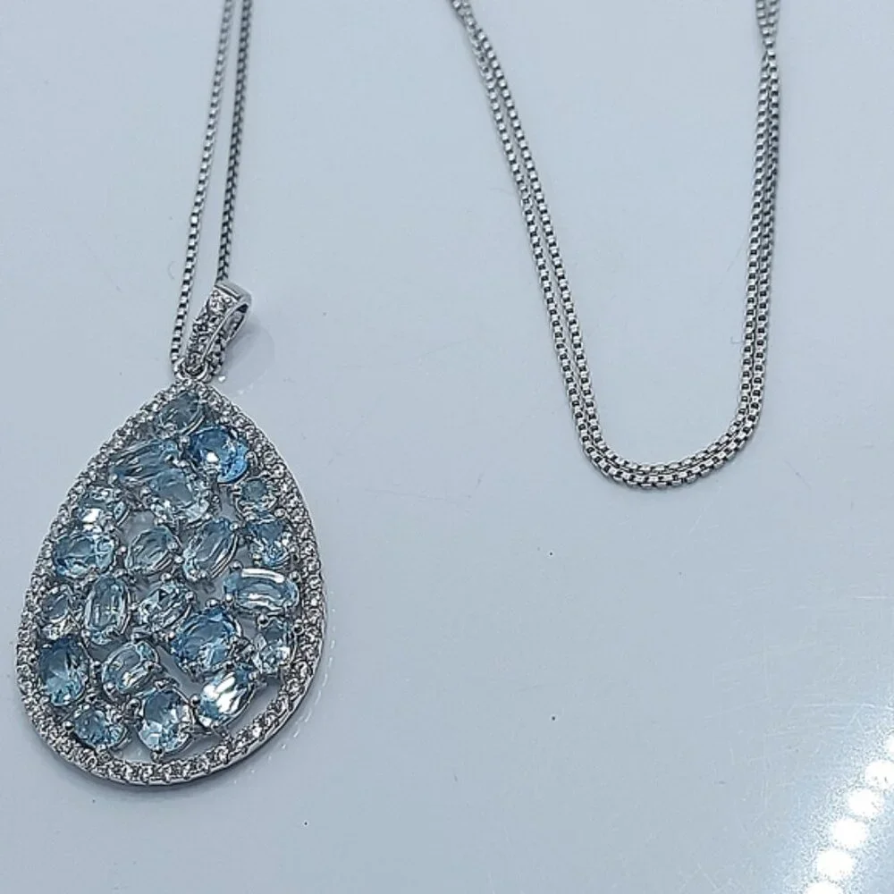 Natural Sky Blue Topaz Gemstone 925 Sterling Silver Necklace - Picture 4 of 8